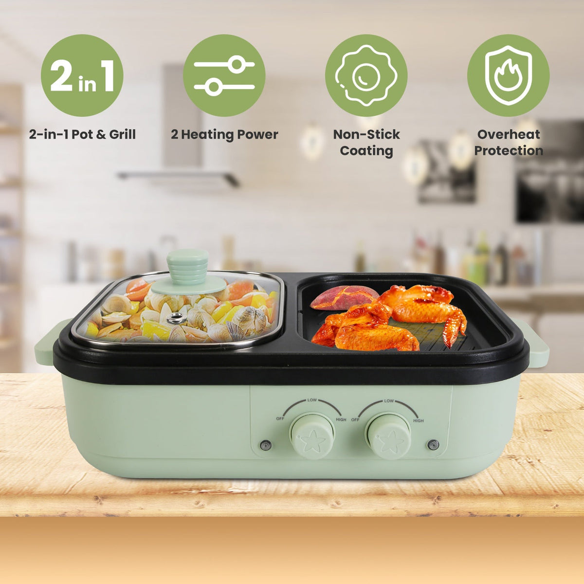 Electric Hot Pot with Grill 2-in-1 Hot Pot and Frying Pan Portable Non-Stick Pot and Griddle Electric Cooker Pot with Glass Lid Fast Heating for 1-2 P